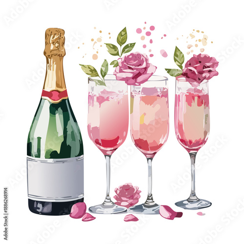 Valentines Champagne Bottle and Rose Champagne Flutes Watercolor Vector Illustration – Romantic Floral Toast Set