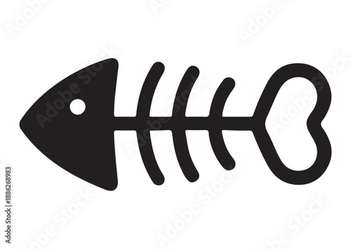 Minimalist fish bone silhouette icon with heart-shaped tail, simple black fish skeleton for seafood love, organic waste, or cute mortality concept