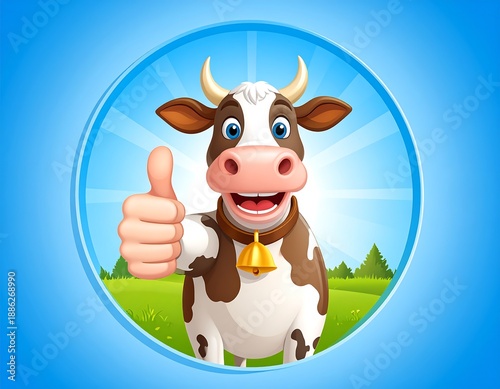 Cartoon Cow Giving Thumbs Up in Circular Frame Illustration.