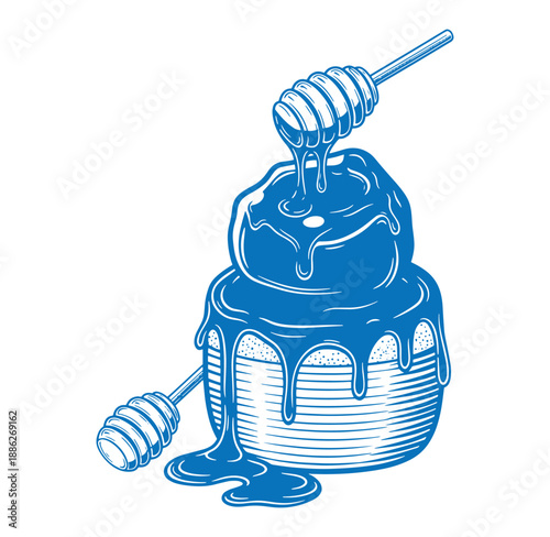 blue illustration of honey dripping from dipper onto honeycomb