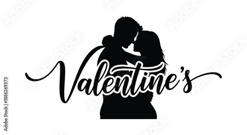 A silhouetted couple embraces tenderly highlighted by the elegant cursive text proclaiming valentine s day high quality professional detailed