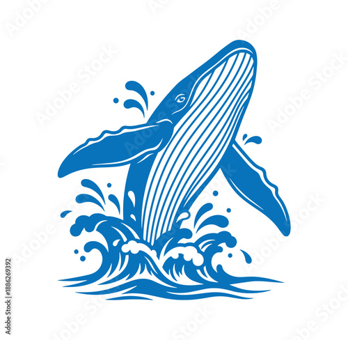 blue whale jumping out of water with splashing waves and droplets around it