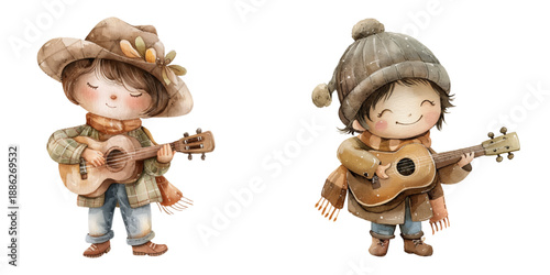 cute kid musician watercolor vector illustration