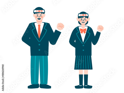 受験生の学生男女が必勝のハチマキをしてガッツポーズをしているイラスト