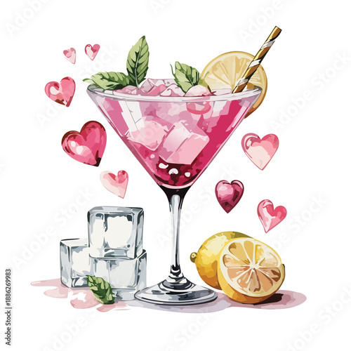 Valentines Pink Heart Martini Cocktail Watercolor Vector Illustration – Romantic Citrus Drink Design