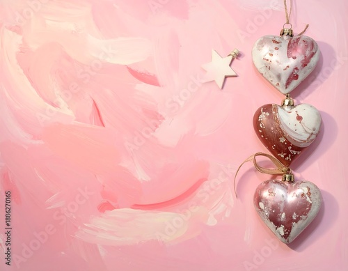 Pink Christmas background with heart ornaments and star.