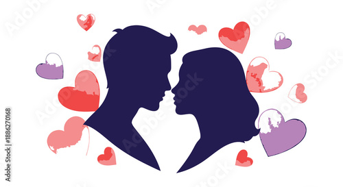 A romantic silhouette depicts a couple in love surrounded by vibrant watercolor hearts conveying affection and closeness