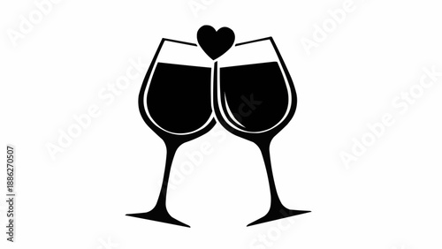 Two wine glasses clinking with a heart symbol above.