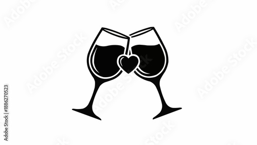 Two wine glasses clinking with a heart symbol between them.
