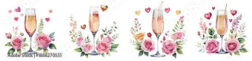 Valentines Champagne Flute with Roses Watercolor Vector Set – Romantic Floral Toast Illustration Collection