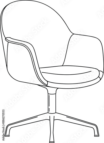 Modern office chair illustration with swivel base and curved backrest on white background from a 3/4 view