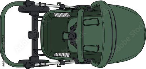 Overhead view of an olive green baby stroller with black frame and wheels on a clean white background