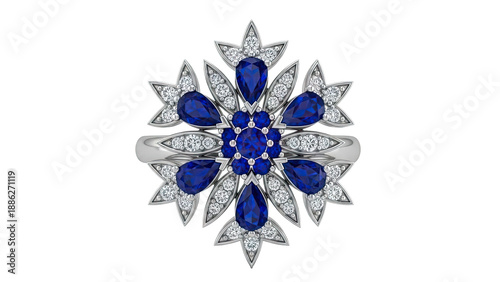 Exquisite Snowflake Ring with Blue Sapphires and Diamonds