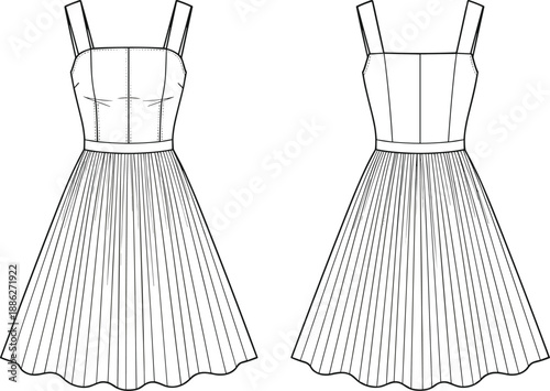 Women pleated midi dress technical flat sketch, sleeveless fitted bodice with straps, front and back fashion illustration isolated on white background