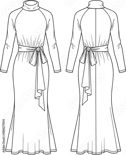 women long sleeve maxi dress technical sketch, high neck belted gown, elegant fitted silhouette, flat apparel illustration front back