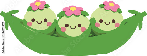 Cute chibi green peas character set featuring happy vegetable faces in pods for healthy food mascot and kawai sticker design