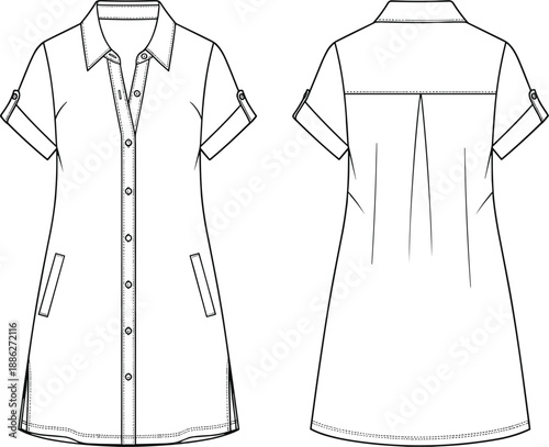 Women short sleeve shirt dress technical fashion flat sketch front and back view button up vector illustration for apparel design