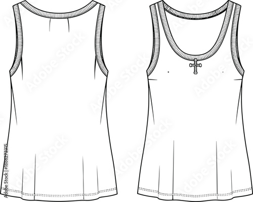 women sleeveless tank top technical sketch, scoop neck casual top, flat apparel design, front back view fashion illustration