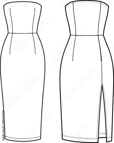 Women strapless pencil dress technical flat sketch, fitted elegant bodycon gown with back slit, front and back fashion illustration isolated on white background