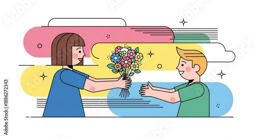 Woman giving colorful bouquet to smiling man in modern graphic