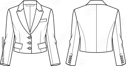 Women tailored blazer jacket technical fashion flat sketch front and back view vector illustration for formal apparel design