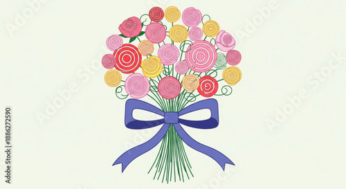Colorful bouquet of roses with blue ribbon on white background