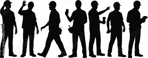 Construction worker silhouettes, hard hat poses, industrial labor icons, black vector figures, site safety illustration, building job graphic set