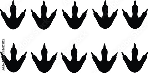 Collection of black vector dinosaur footprints featuring three toed reptile tracks with sharp claws isolated on white background for ancient wildlife graphic design