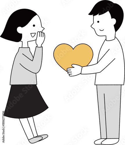 ハートを女性に渡す男性単色