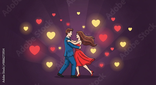 Couple dancing romantically with hearts around them at night