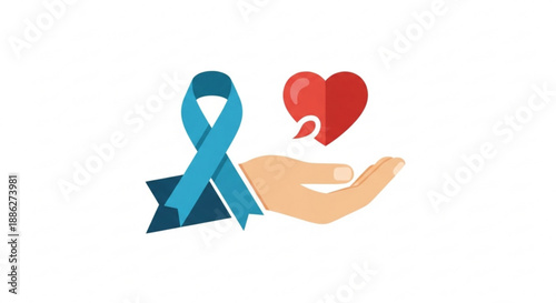 Teal ribbon awareness hand holding red heart symbol