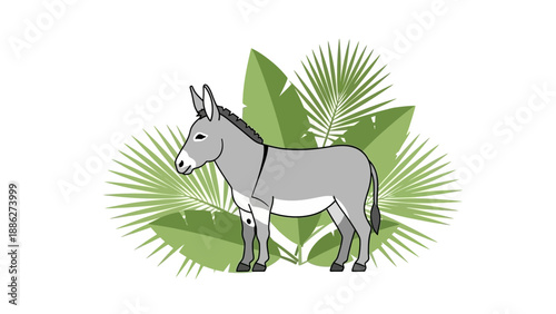 Gray Donkey Standing Tropical Leaves Illustration.