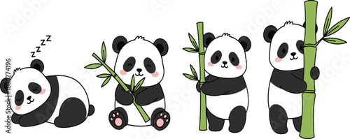 Cute kawaii panda character set featuring a sleeping bear and pandas holding green bamboo stalks vector illustration for kids nature and wildlife design. (25 words)