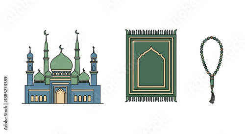 Vector illustration of a mosque, prayer mat, and rosary for Ramadan Kareem, depicting Indonesian Muslim icons for Sahur, Iftar, and prayer.