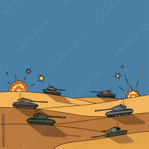 vector illustration of war with tanks on a desert blue background