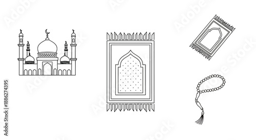 Vector illustrations of Ramadan icons including a mosque, prayer mat, and rosary on a white background, symbolizing Islamic traditions and spirituality.