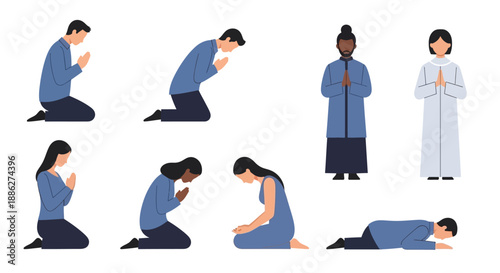 Vector illustrations of Muslim people in various prayer positions for Ramadan, including sahur and iftar, with a minimalist style against a clean white background.
