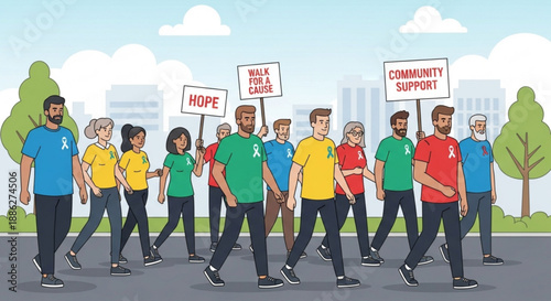 Diverse group walking for a cause with hope and community support