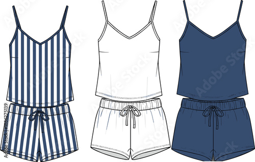 echnical Flat Sketch Vector Illustration of Women Pajama Set with Cami Top and Elastic Waist Shorts in Striped and Solid Colors for Fashion Design