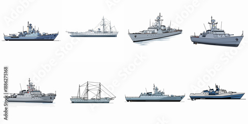 vector illustration set of corvette ships on white background