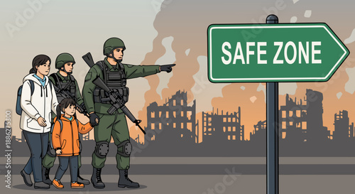 Safe Zone Vector Illustration Soldiers Guide Civilians Through Destroyed Cityscape