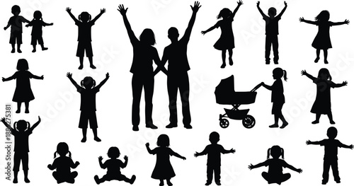 Silhouettes of families and children in varied poses, illustrating parenting, childhood, and everyday family life