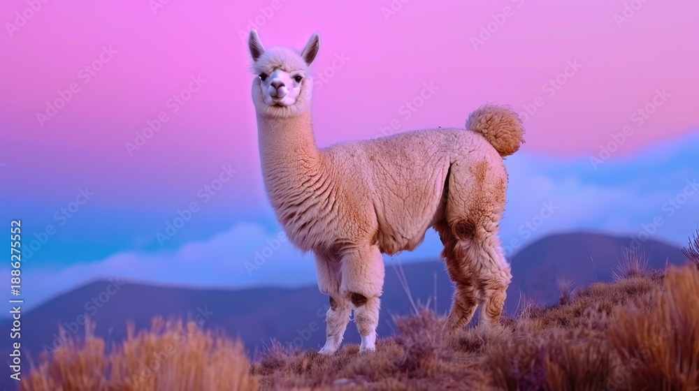 Fototapeta premium Majestic Alpaca Standing on a Hillside Against a Colorful Sunset Sky with Soft Pastel Tones and Dramatic Clouds