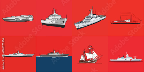 vector illustration set of corvette ships on red background
