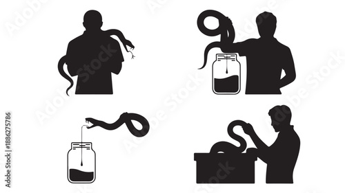 Snake charmer silhouette in mystical ambiance with dramatic black lighting on plain white background for exotic culture illustration