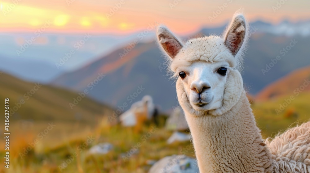 Fototapeta premium Charming Alpaca Portrait Against Stunning Mountain Sunset in a Scenic Natural Landscape