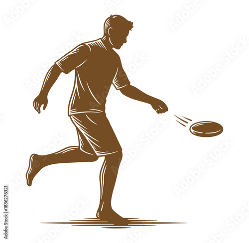 Man playing frisbee in motion with one leg lifted and arm extended to throw