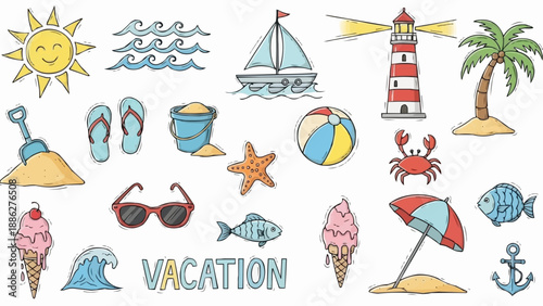 Summer Beach Vacation Elements Collection Hand Drawn.