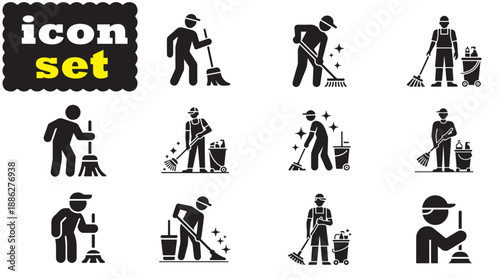 Cleaning Worker Icon Set, Editable Solid Vector Illustration