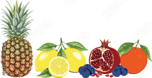 Fresh organic tropical fruit composition with pineapple lemons pomegranate seeds blueberries and orange isolated on white background for healthy diet and nutrition concepts